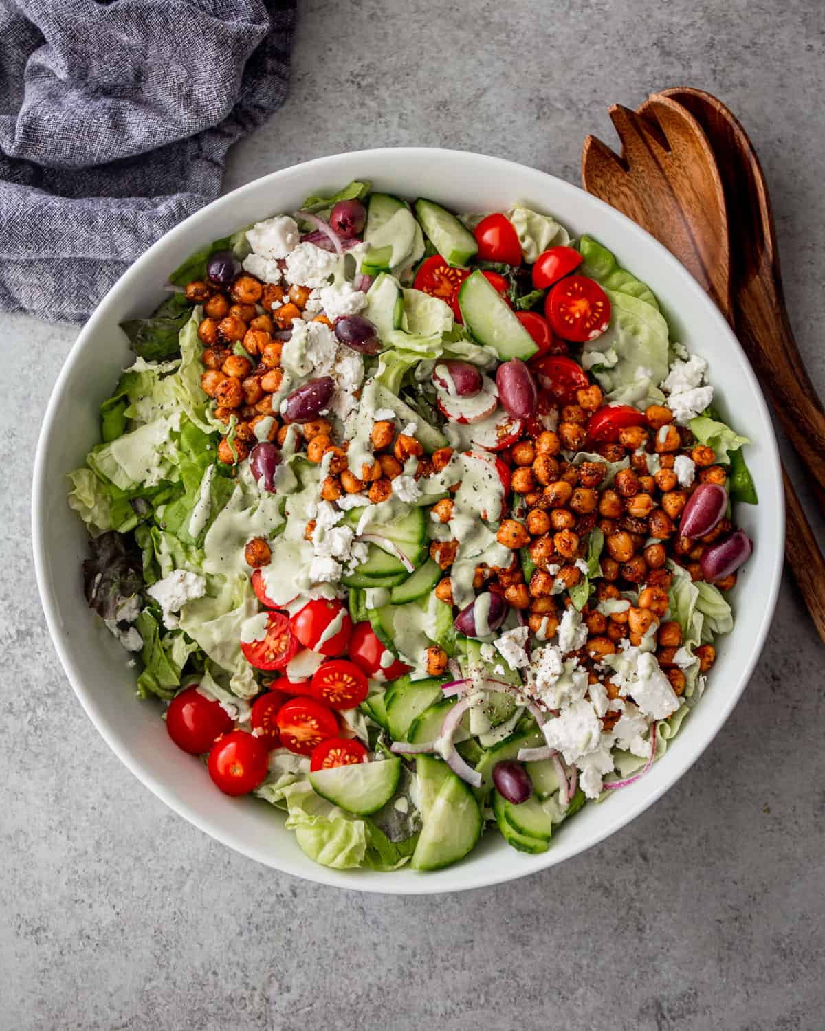 overhead image of salad in a large white bowl