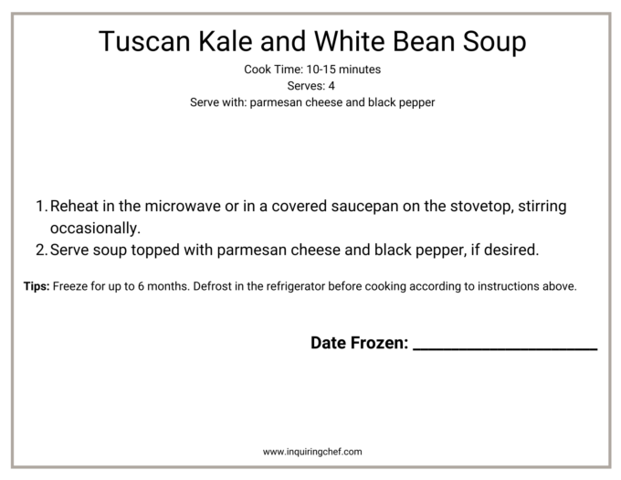 tuscan kale and white bean soup freezer label