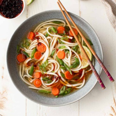 miso vegetable soup in a grey bowl