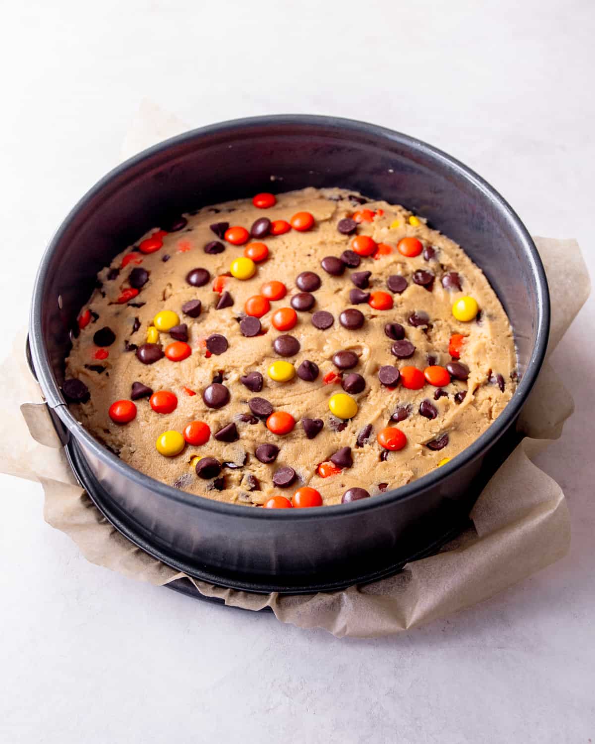 cookie cake batter in a round cake pan