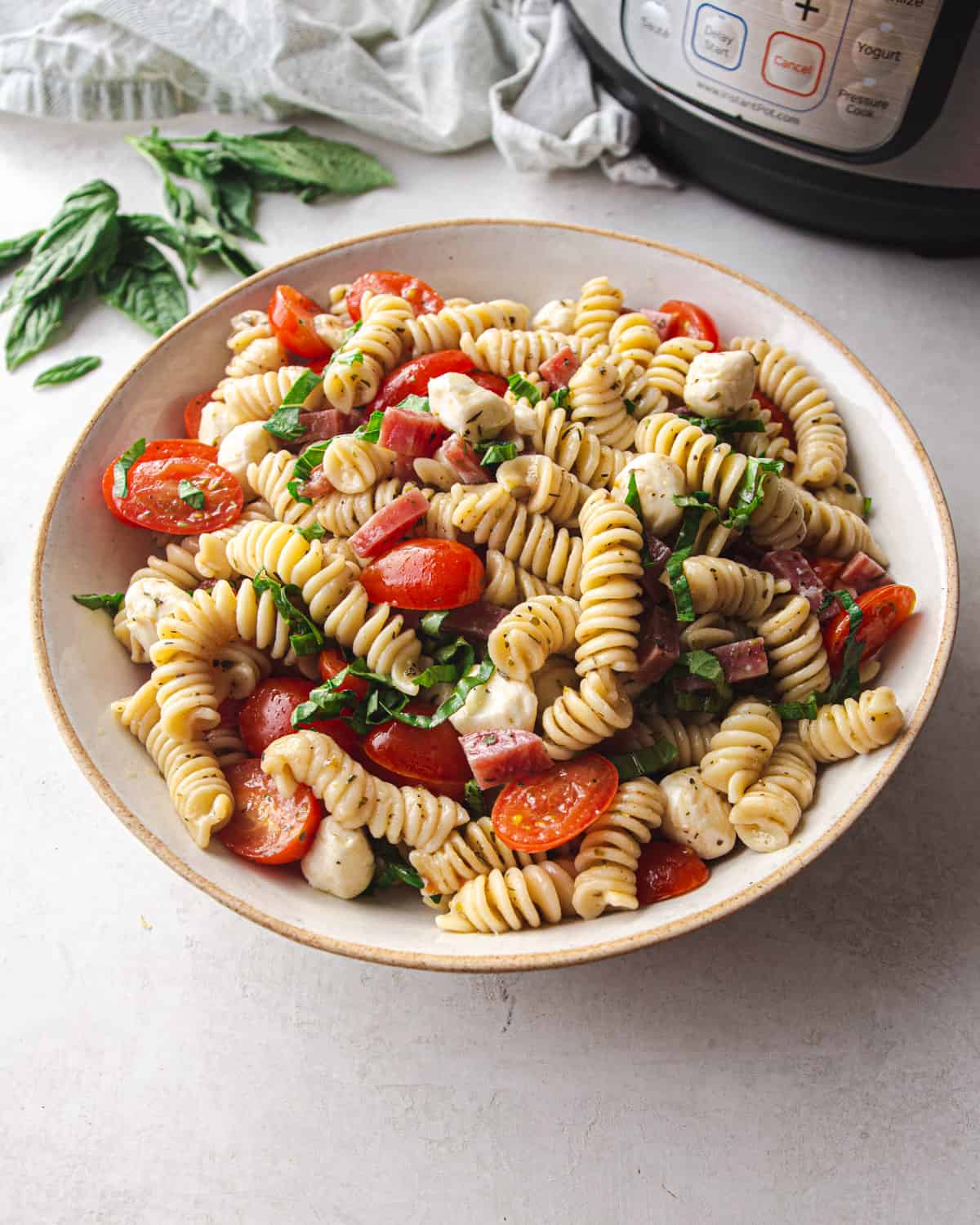 italian pasta salad in a grey bowl