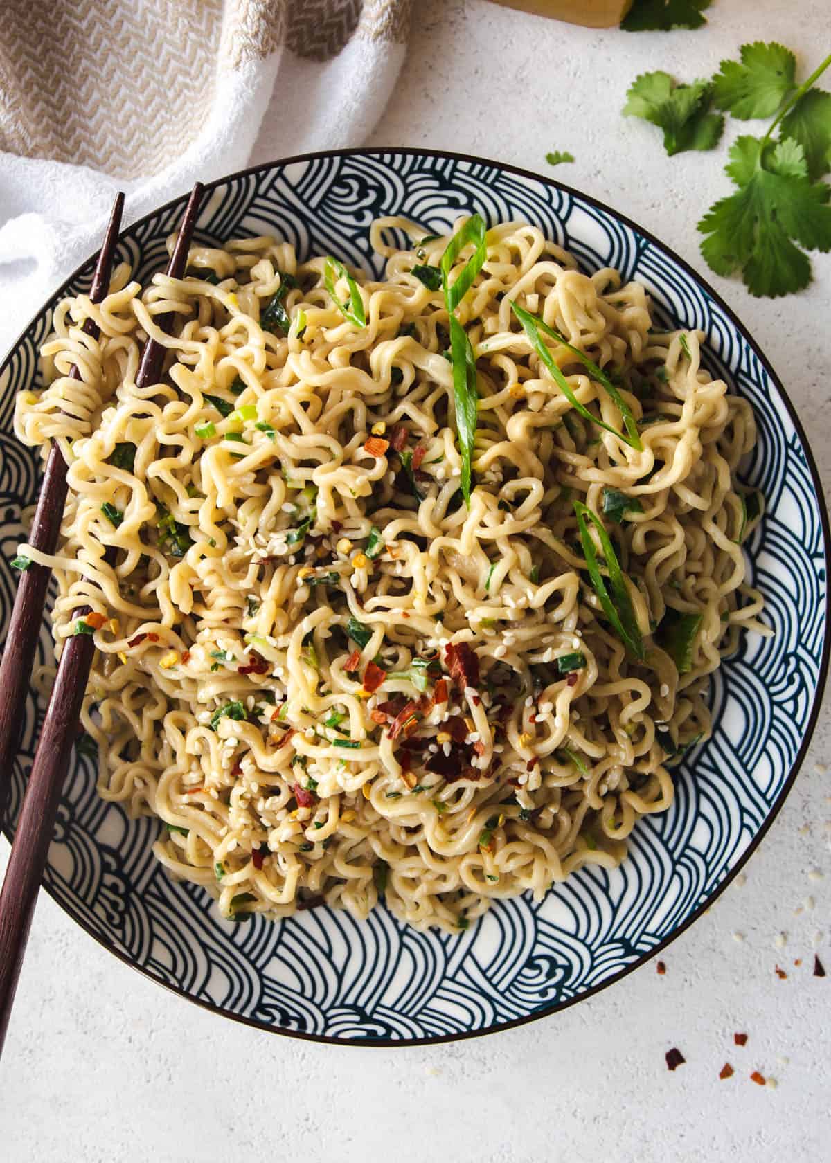 miso noodles in a blue and white bowl