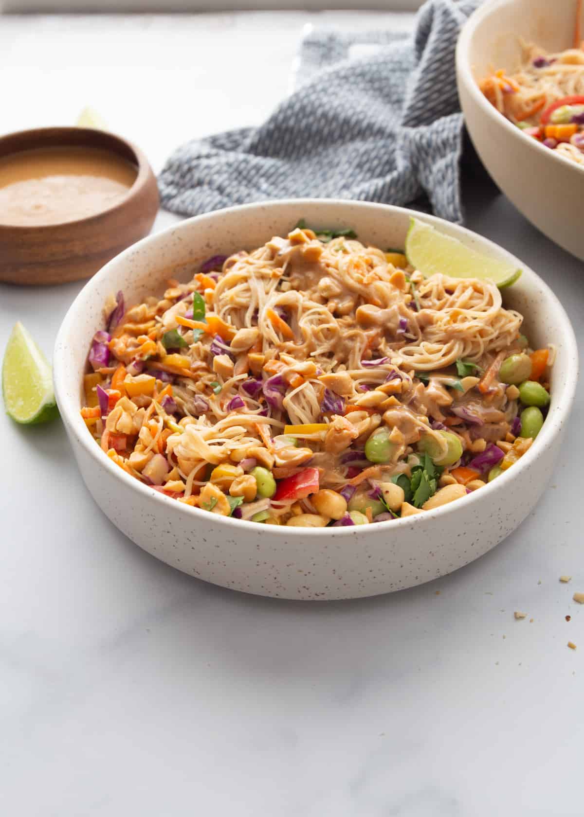 rice noodle salad in white bowls