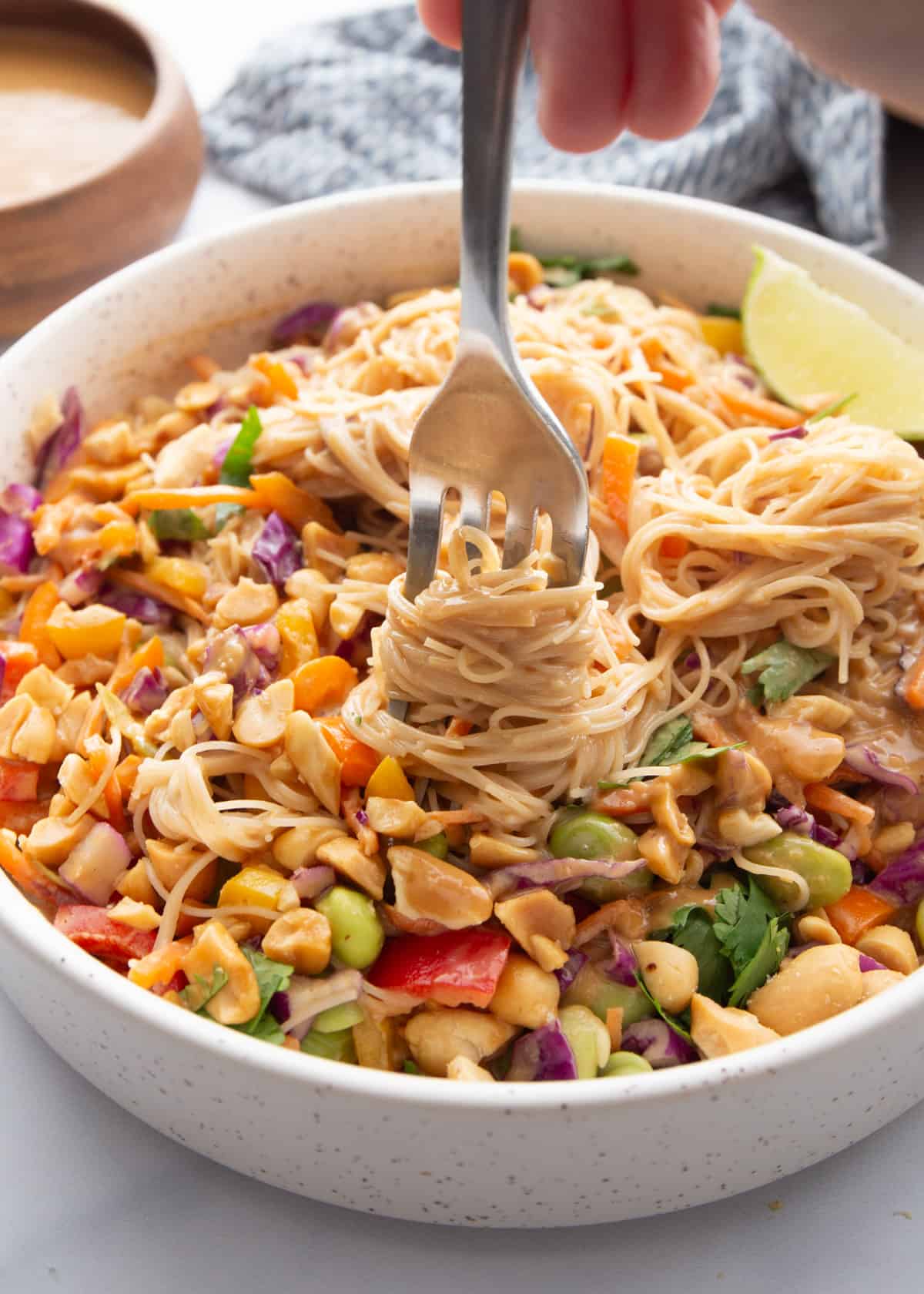 a fork twirling noodles in a white bowl