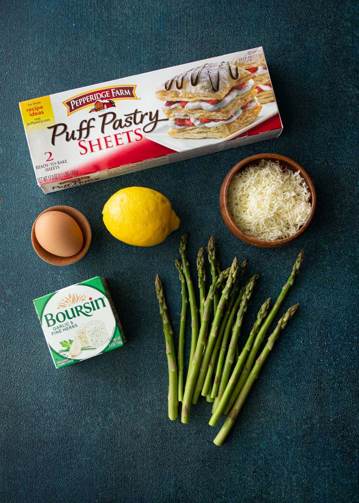 overhead image of ingredients for asparagus puff pastry