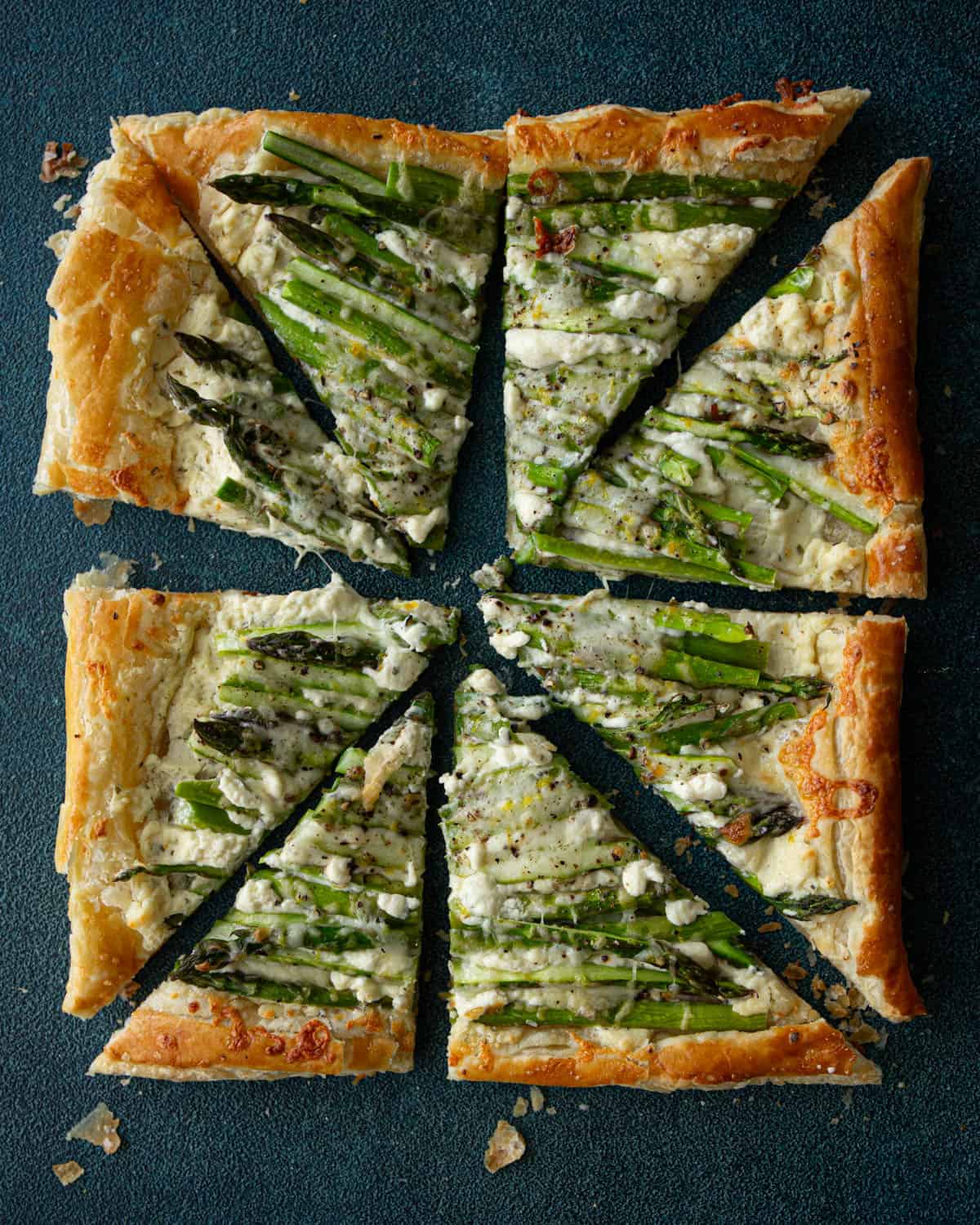 overhead image of asparagus and cheese puff pastry