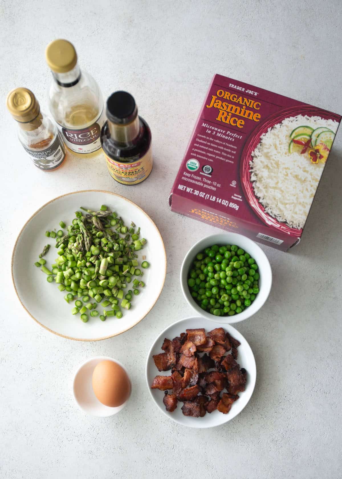 overhead image of bacon and asparagus fried rice ingredients