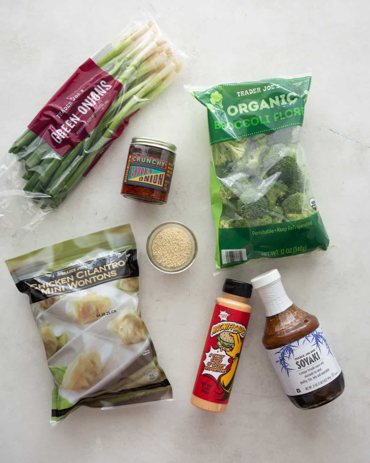 ingredients for potsticker bowls on a white table