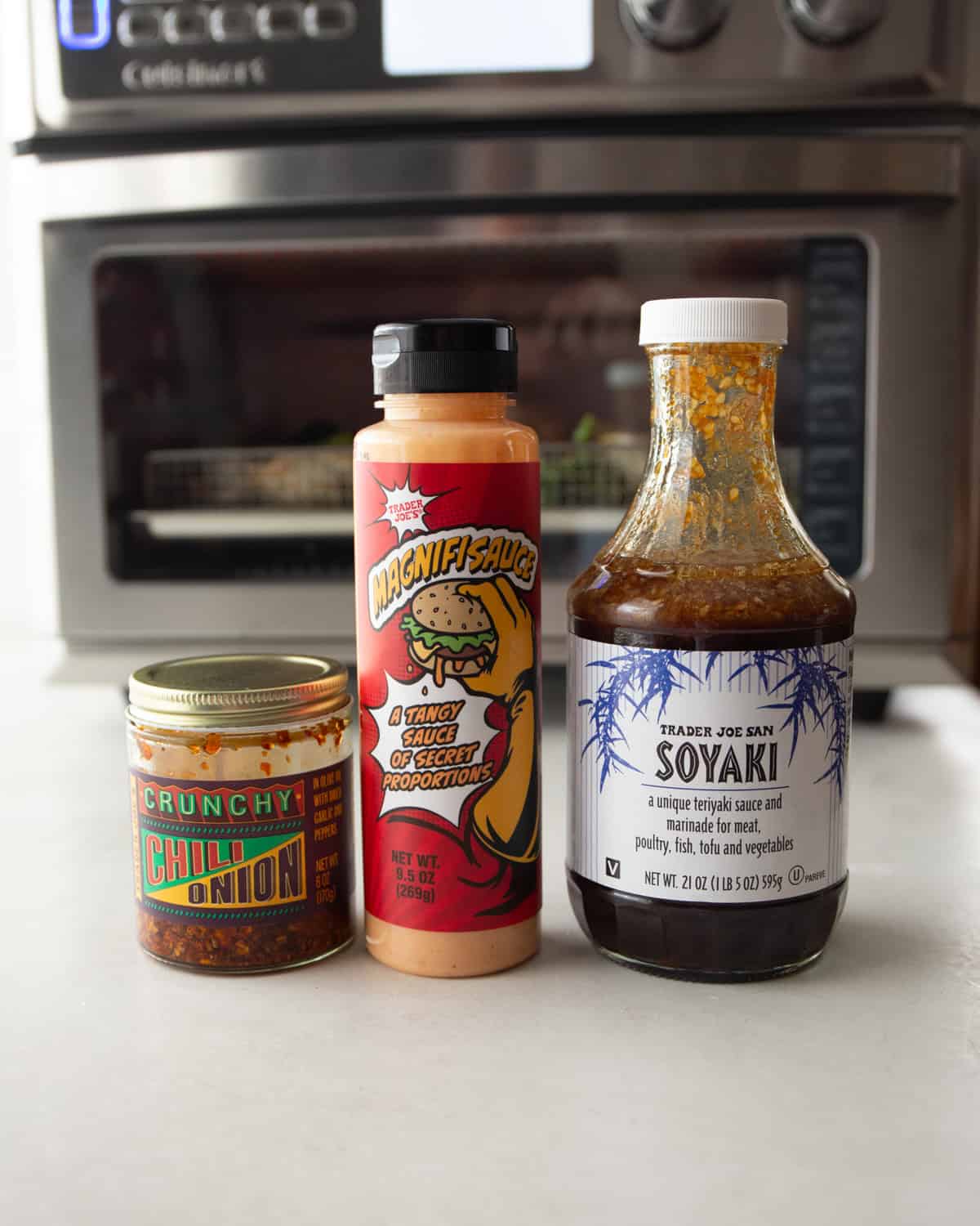 Trader Joe's sauces on a white countertop
