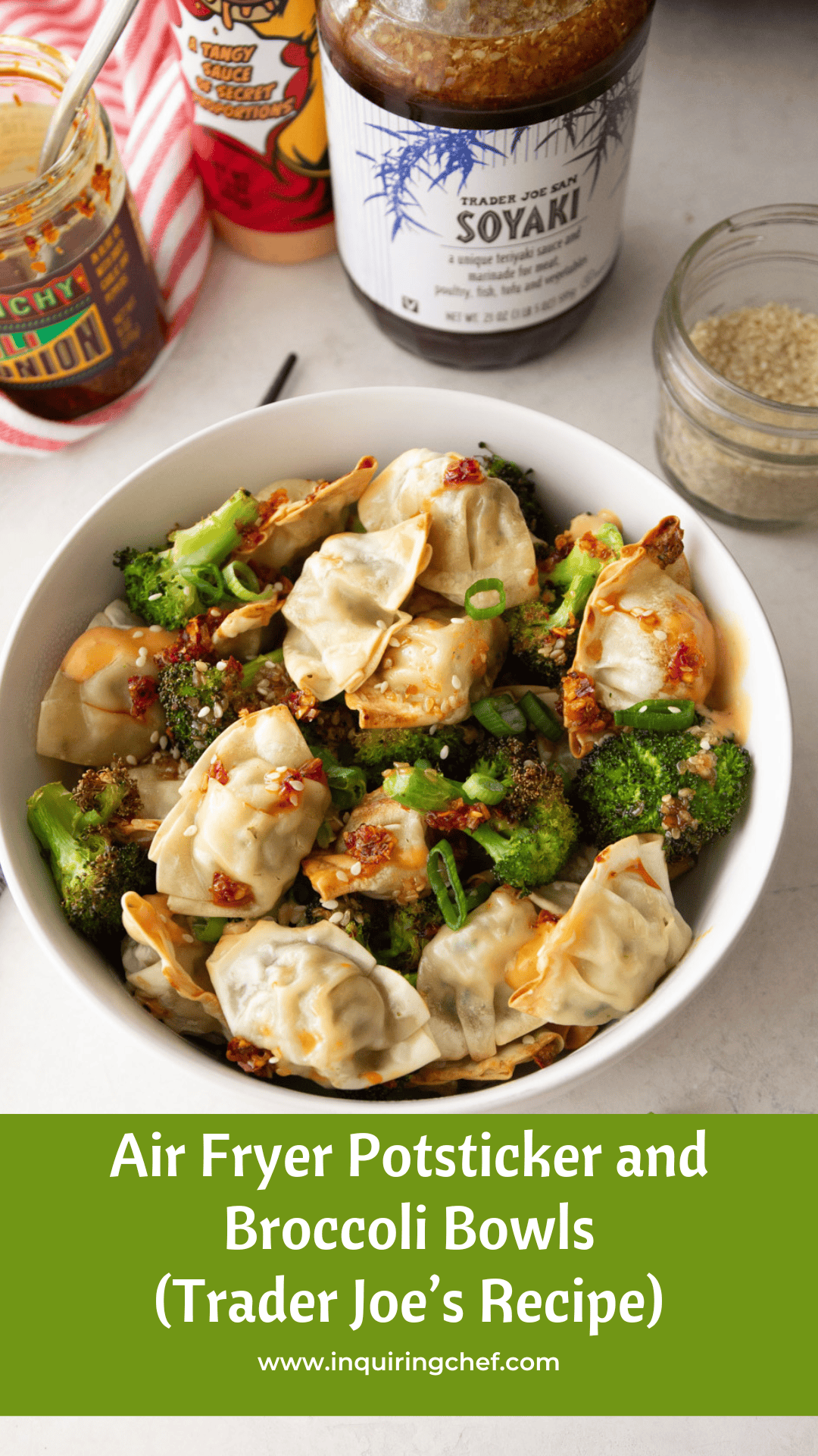 air fryer potstickers and broccoli in a white bowl