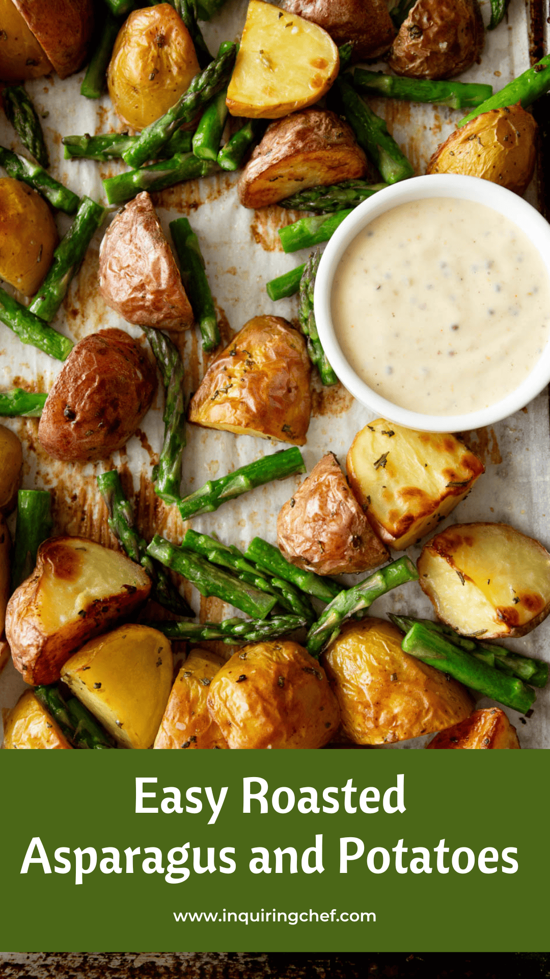 overhead image of roasted asparagus and potatoes