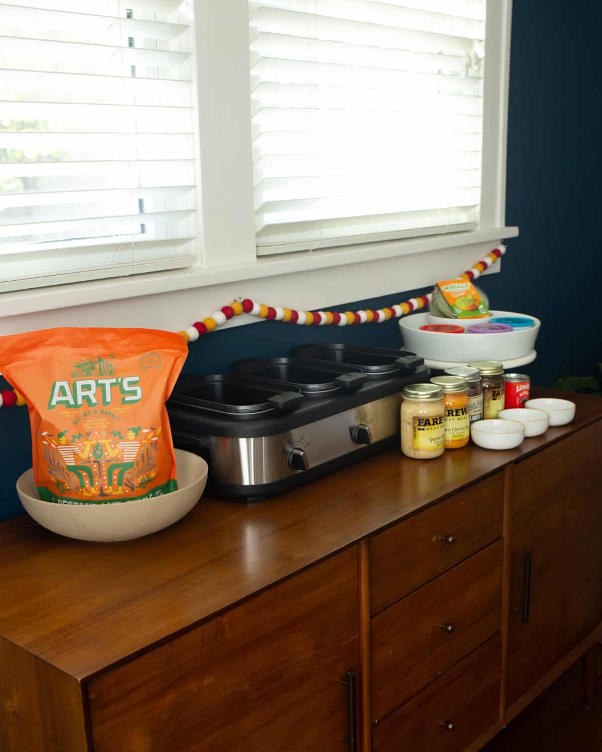 nacho bar on a wood cabinet