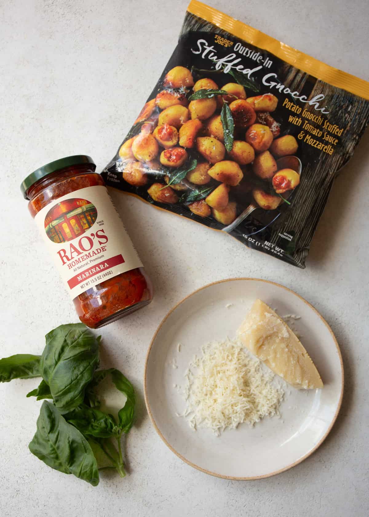 ingredients for air fryer stuffed gnocchi on a white countertop